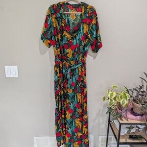 Tropical Animal Print Maxi Dress in Teal, Red & Yellow